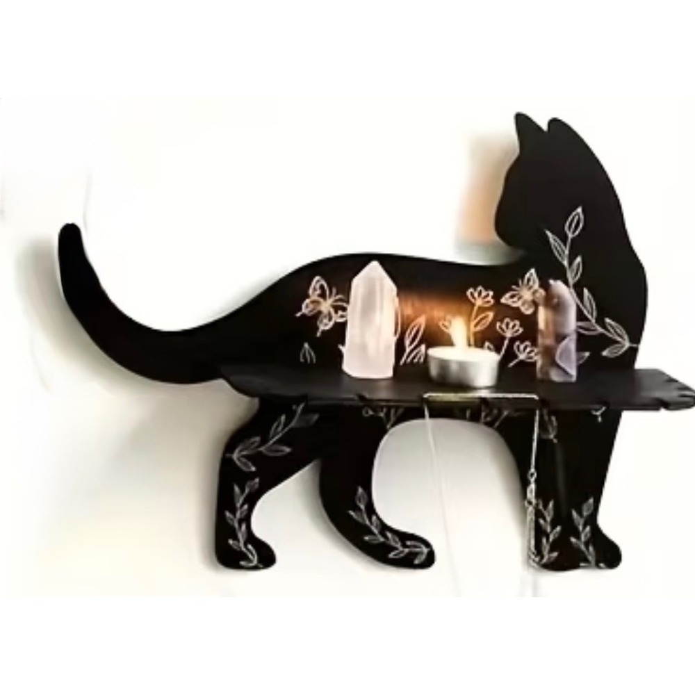 Black Cat Wall Shelf Small Black Floral Standing cat Display New